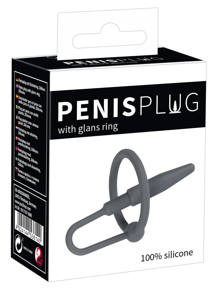Серый уретральный плаг с силиконовым кольцом под головку Penis Plug